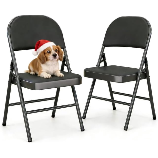 YLGJ Metal Folding Chairs Set of 2, PU Padded Stackable Black