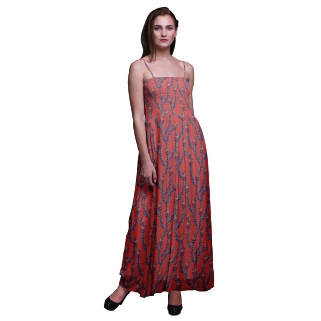Bimba Robe Longue Maxi à Imprimé de Feuilles de Laurier pour Femme, Corsage Smocké - Très Petit