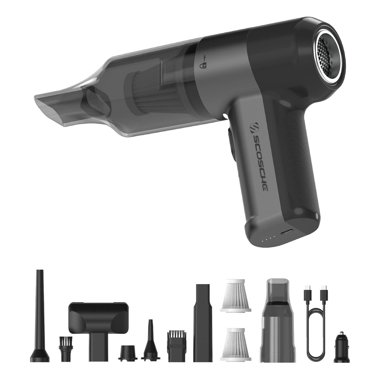 Scosche SCOVAC Mini aspirateur sans fil 4-en-1 de grande puissance, soufflante d’air, pompe à gonfler et dégonfler
