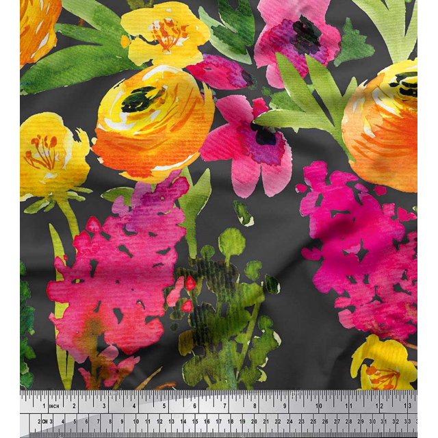 Soimoi Gray Poly Georgette Fabric Leaves & Floral Decor Fabric Printed BTY 42 Inch Wide