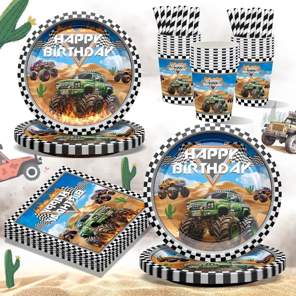 Monster Truck Party Supplies Monster Machines Jam Theme Party Decoration Truck Car Plates and Napkins for Black and White Checked Car Theme Birthday Decorations Serves 20