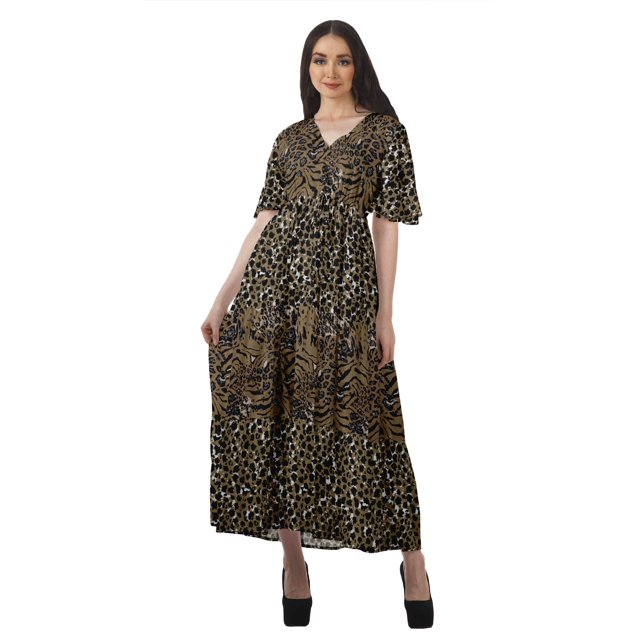 Moomaya Robes d'Été Imprimées à Manches Courtes pour Femmes, Tenue de Fête Décontractée