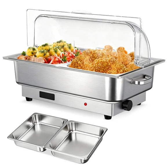 Garvee 9 QT Electric Chafing Dish Buffet Set, Stainless Steel Roll Top Food Warmer with Clear PC Lid and 2 Half-Size Pans, 600W Adjustable Temp 86-200°F for Party, Wedding, Banquet or Hotel