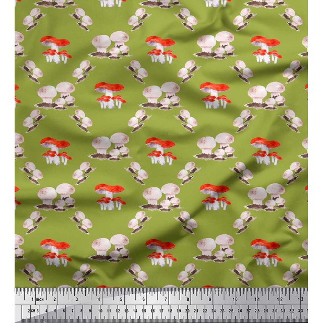 Soimoi Green Heavy Satin Fabric Mushroom Vegetable Printed Fabric 1 Yard 54 Inch Wide