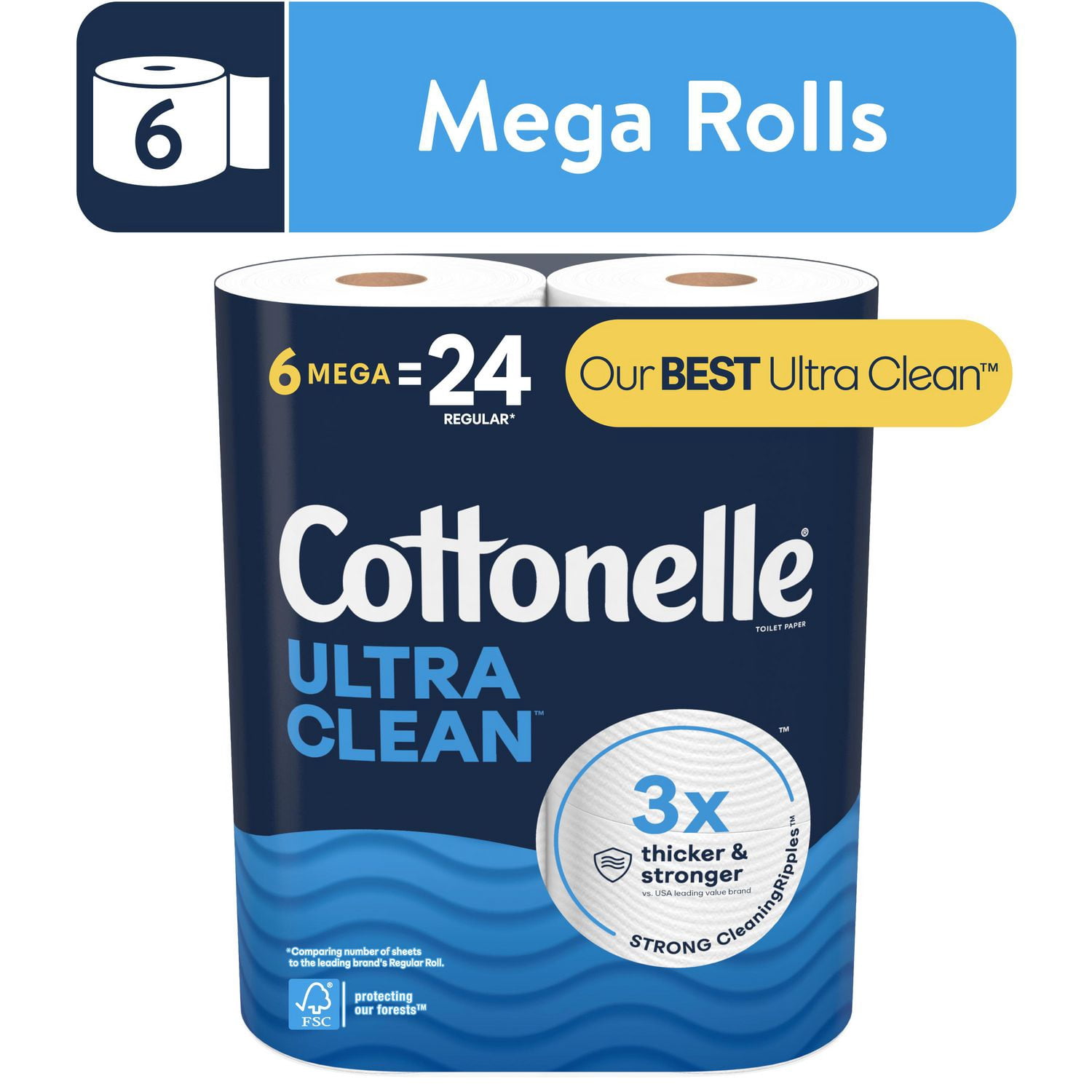 Cottonelle Ultra Clean Toilet Paper, Strong Toilet Tissue, 6 Mega Rolls (6 Mega Rolls = 24 Regular Rolls), 284 Sheets per Roll