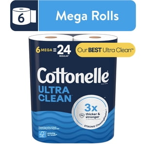 Cottonelle Ultra Papier toilette propre, Tissu de toilette solide, 6 Méga-roulis (6 Mega Rolls = 24 Roulements réguliers), 284 Feuilles par rouleau