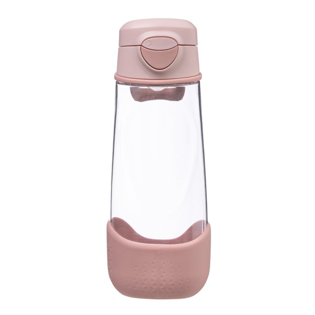 b.box Sport Spout Water Bottle in Blush Crush color with a 600ml capacity, featuring an ergonomic triangular design, silicone spout, and flip-top lid for easy drinking. Made from durable Tritan™ material with a removable bumper for added protection.