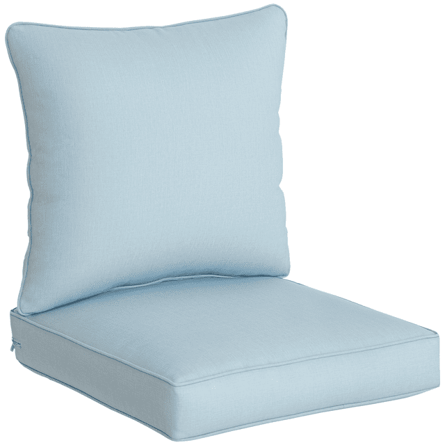 Outdoor Patio Chair Cushions Deep Seat Replacement Patio Cushions Set in light blue, featuring a two-piece set with a seat cushion measuring 24 inches by 24.4 inches by 4.7 inches and a back cushion measuring 24.8 inches by 22.4 inches by 7.9 inches. Made of polyester fabric with thick foam filling, these cushions offer comfort and style for outdoor rattan furniture. The removable covers are machine washable for easy cleaning.
