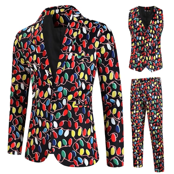 UVEASISHA 3 Piece Suits for Men Christmas Novelty Printed Party Suit Xmas Holiday Tuxedo Suit Set Blazer Jacket Vests Pants Three Piece Sets Fall Savings,Multicolor,XL