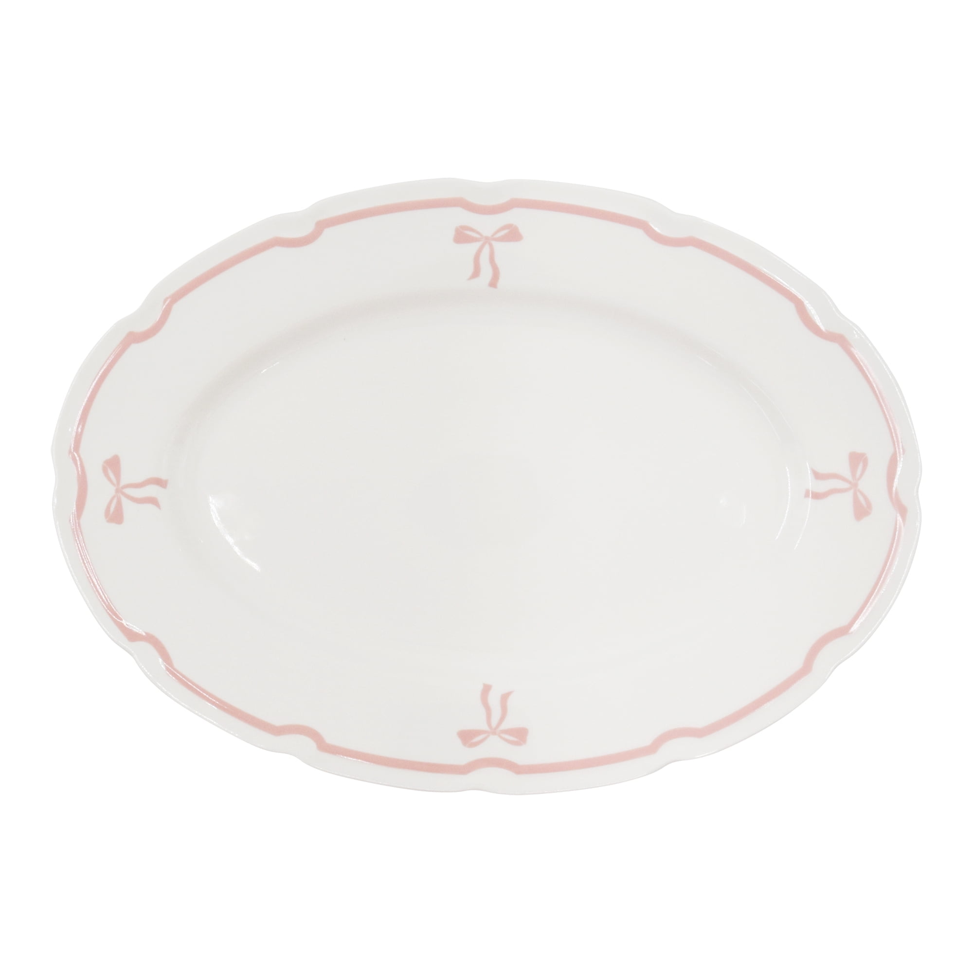 Holiday Time Maison De Noel Collection Pink Ribbon Bow Oval Serving Platter, 13.5” x 9.7”, Stoneware, 1 Count