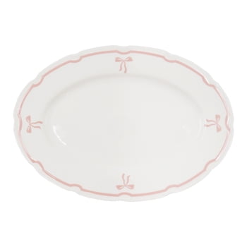 Holiday Time Maison De Noel Collection Pink Ribbon Bow Oval Serving Platter, 13.5” x 9.7”, Stoneware, 1 Count