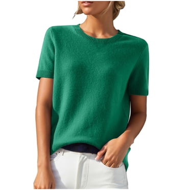 Jalioing Women's Short Sleeve Knit Tops Solid Color Crew Neck Sweater Tops Spring Fashion Casual Pullover Sweater