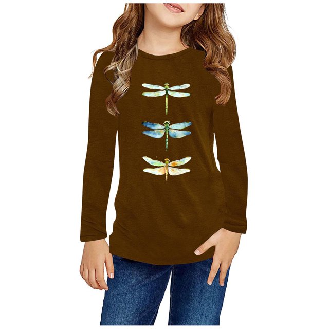 RXIRUCGD Chemises à Manches Longues pour Filles, Col Rond Mignon, Blouses Décontractées Élégantes (Marron, Taille : 4 Ans)
