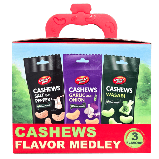 DDP SNACKING CASHEWS Mixed 480g box with three 40g individually wrapped bags of cashews in salt and pepper, garlic and onion, and wasabi flavors, each containing plant protein, presented in a red box with a pink handle, suitable for snacking or as nut toppings.