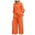 thumbnail image 1 of Women 2 Piece Linen Sets 2025 Button Up Long Sleeve Shirt Drawstring Wide Leg Pants Set Summer Outfits, 1 of 5