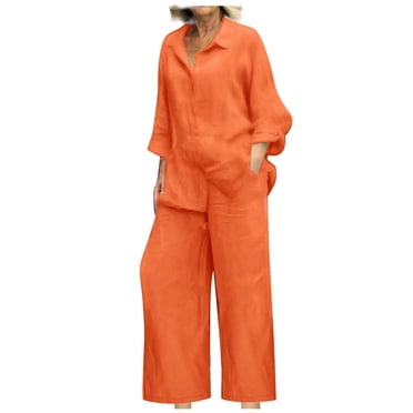 Women 2 Piece Linen Sets 2025 Button Up Long Sleeve Shirt Drawstring Wide Leg Pants Set Summer Outfits