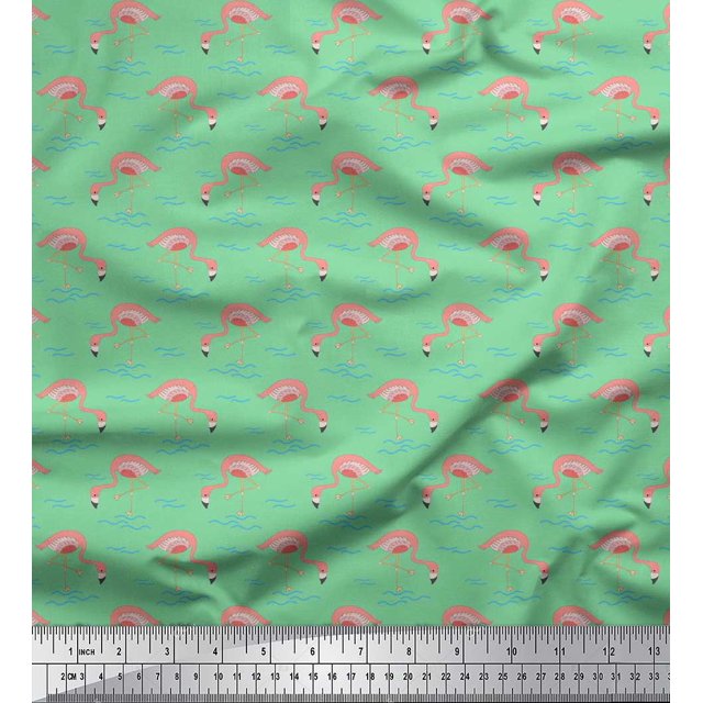 Soimoi Green Poly Georgette Fabric Flamingo Bird Decor Fabric Printed Yard 42 Inch Wide