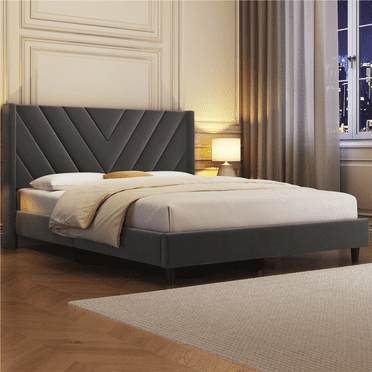 Yaheetech Upholstered Platform Bed with Tufted Headboard and Wooden Slat Support, Queen, Dark Gray