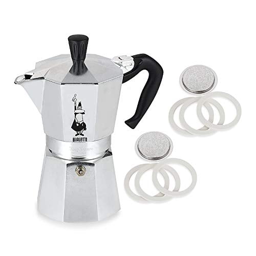 Original Bialetti Machine à Espresso 6 Tasses Moka Express / Machine à Espresso et Véritable Bialetti, Six Joints de Rechange et Deux Plaques de Filtre de Rechange Bialetti Ensemble (6 Tasses, 10 fl oz, 300 ml)