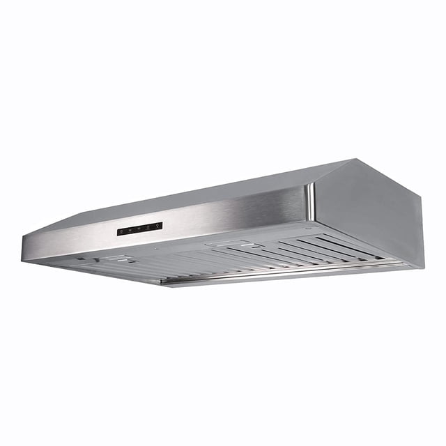 Pacific Eco Pro PR6830 30" stainless steel under-cabinet range hood with 850 CFM blower, dishwasher-safe stainless steel baffle filters, 3-speed glass touch controls, dual-level LED lighting, and 5-minute delay-off for efficient kitchen ventilation.