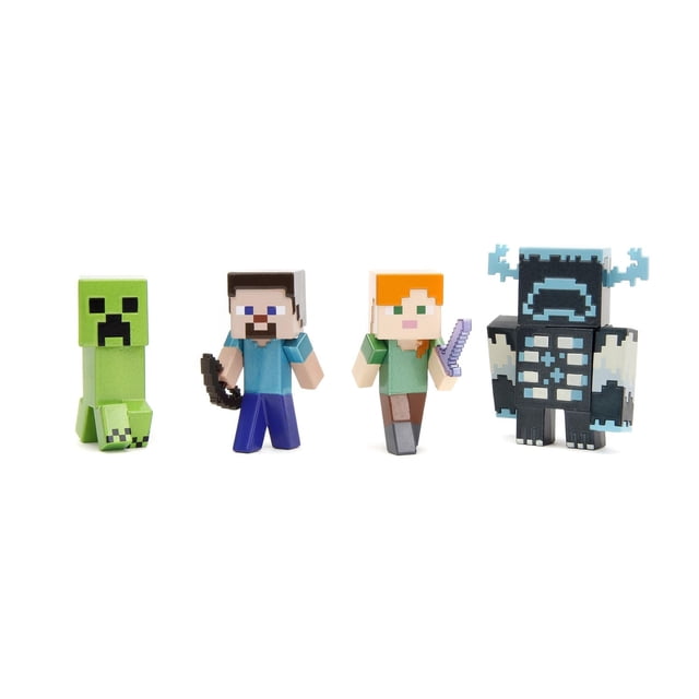 Jada Toys 2.5" Metal Fig 4 Pack - Minecraft - Classic includes four 2.5-inch metal collectible figures: a green Creeper, Steve with a black pickaxe, Alex holding a purple sword, and a blue and black armored character, all with detailed pixelated designs from the Minecraft video game, ideal for display or collection.