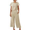 thumbnail image 1 of zanvin Ensembles 2 Pcs pour Femmes, Ensembles Assortis d'Été 2 Pcs pour Détente pour Femmes, Tenues Unies en Lin, Hauts à Col Rond à Manches Courtes et Pantalons Longs, Survêtements, 1 of 5