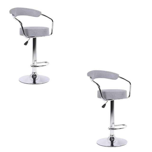 Heavenly Collection Adjustable Stool with stainless steel base set of 2, featuring grey fabric cushioned seats and backrests, chrome curved armrests, adjustable height from 33 to 41 inches, and polished round stainless steel bases with footrests, suitable for kitchen counters, home bars, or additional seating in living areas.