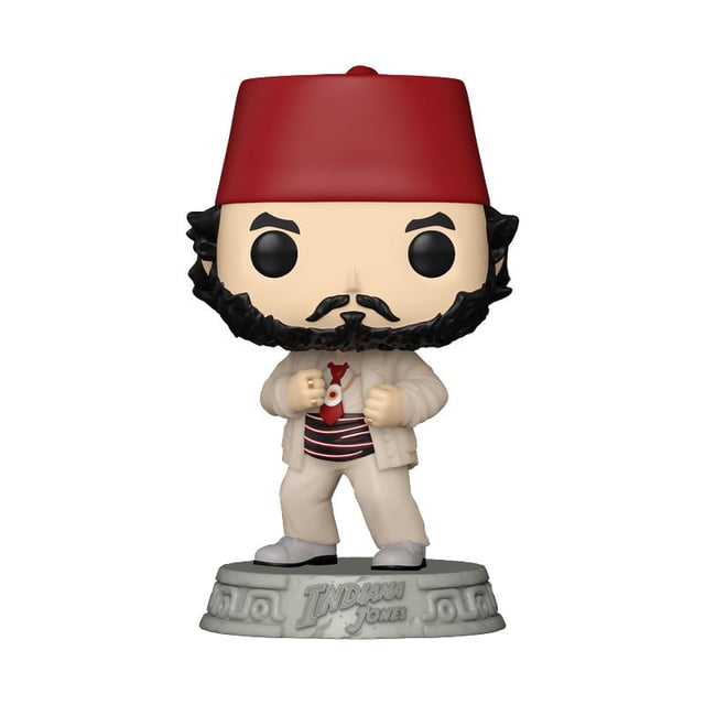 Funko POP Movies: TLC - Sallah Vinyl Bobblehead showing a front-facing vinyl figure with a red fez hat, black beard, beige jacket and pants, striped shirt, and red tie, standing on a grey Indiana Jones-themed base. This 4.75-inch collectible vinyl figure suits fans of action figures and movie memorabilia.