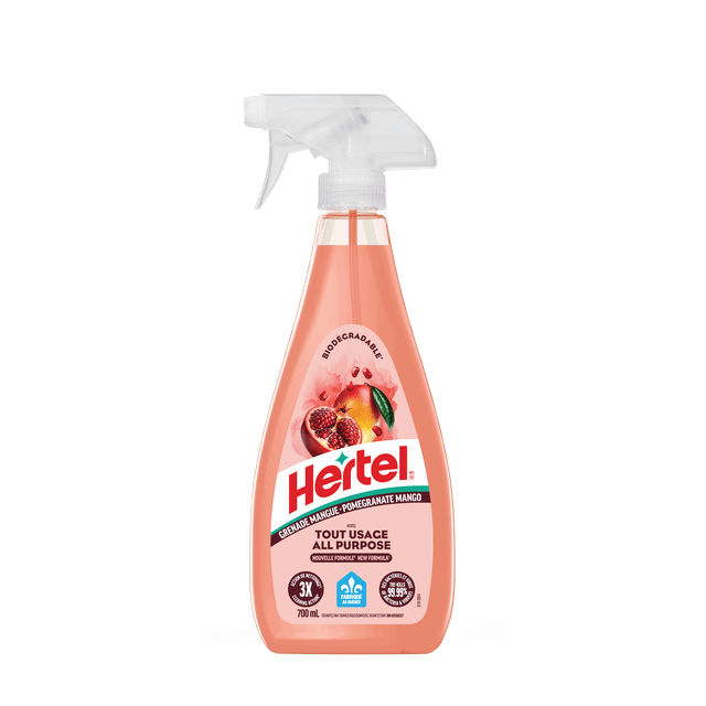 Hertel Disinfectant All Purpose Cleaner, Pomegranate Mango, 700ml spray bottle with clear trigger containing peach-colored biodegradable disinfectant liquid, effective for household cleaning and disinfecting hard non-porous surfaces, kills 99.99% of bacteria.