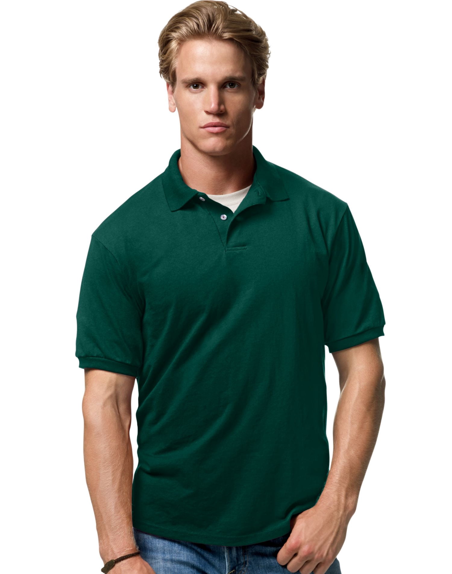 Hanes Cotton-Blend Men`s Jersey Polo, S, Deep Forest