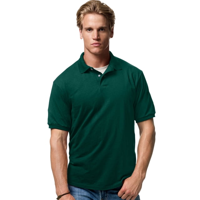 Hanes Cotton-Blend Men`s Jersey Polo, M, Deep Forest