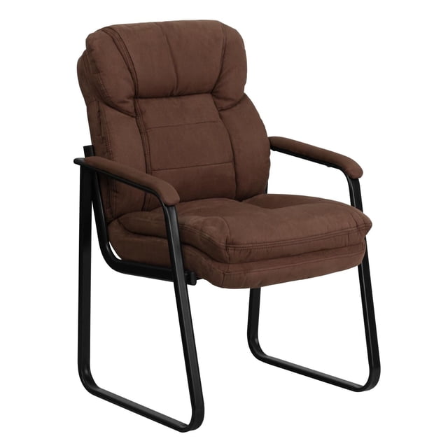 Brown Microfiber Executive Side Reception Chair with Lumbar Support and Sled Base
