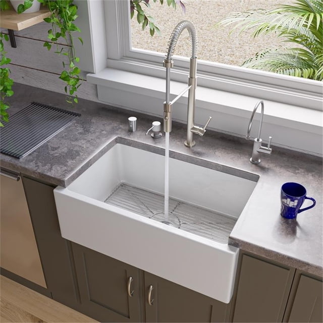 Pemberly Row 30" White Apron Solid Thick Wall Fireclay Single Bowl Farm Sink