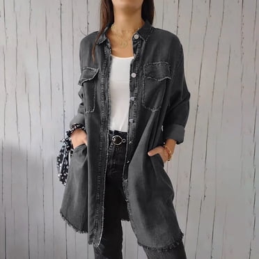 CFLVAEK Vestes en Jean Longues Grande Taille pour Femmes avec Poches Décontractées à Revers Boutonnées Veste en Denim Coupe Ample Manches Longues Manteaux d'Automne 2024 Gris TTTTG