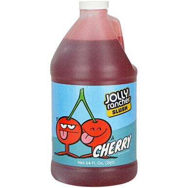 Jolly Rancher Cherry Slushy Syrup 5:1 Bulk Food Service Concentrate in a 64 oz container. The bottle features a bright red liquid with a playful label showing two cartoon cherries and the Jolly Rancher Slush branding. Ideal for making slushies, granitas, or cocktails with a nostalgic cherry candy flavor. The container is designed for food service use, yielding approximately 33 servings of 12 oz slushies.