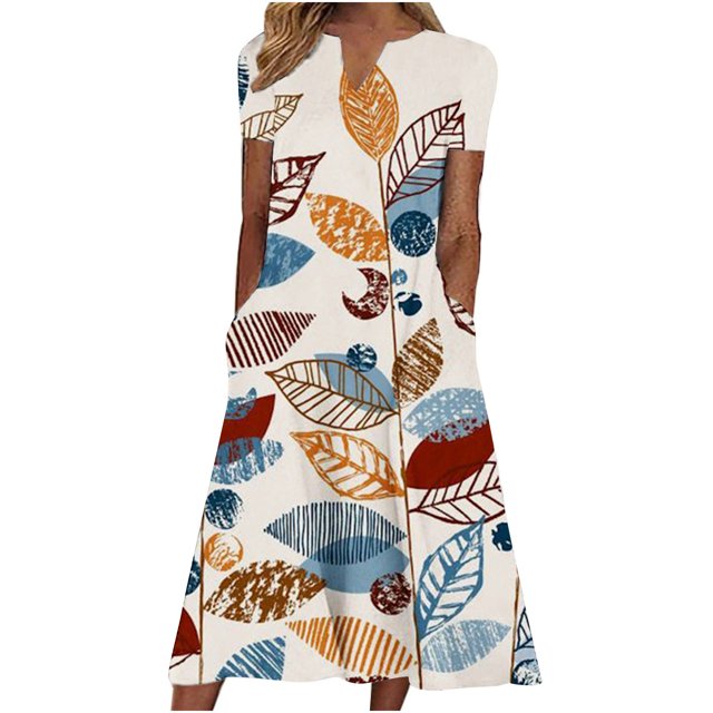 Robes d'Été pour Femmes 2023 Décontractées de Printemps avec Poches Longue Robe à Manches Courtes Ample Tunique de Plage T-Shirts Robe Maxi