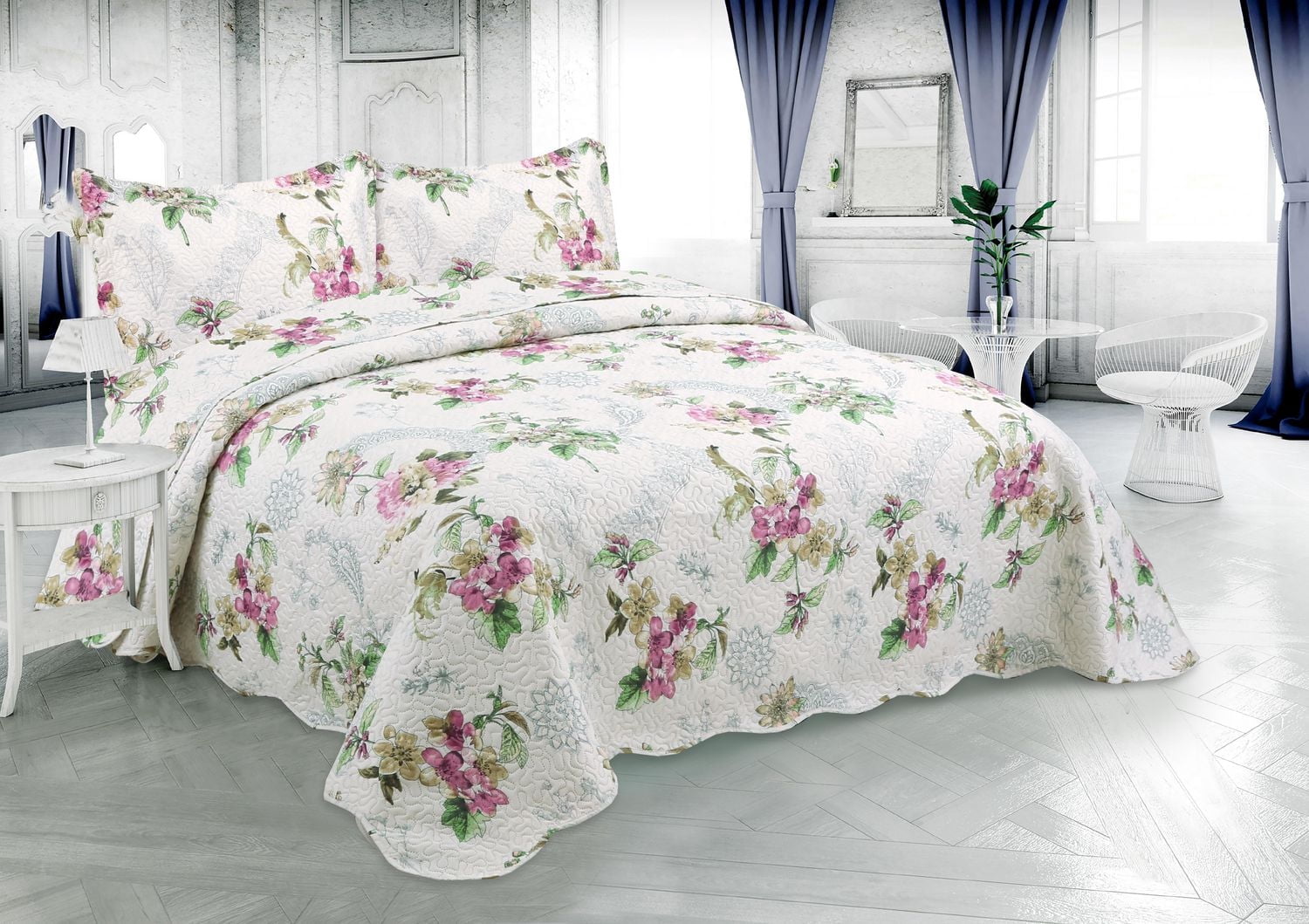 Marina Decoration Rich Printed Embossed Pinsonic Coverlet Bedspread Ultra Soft Bedding Summer Quilt Set with Shams, Purple Violet Floral Mandala Pattern