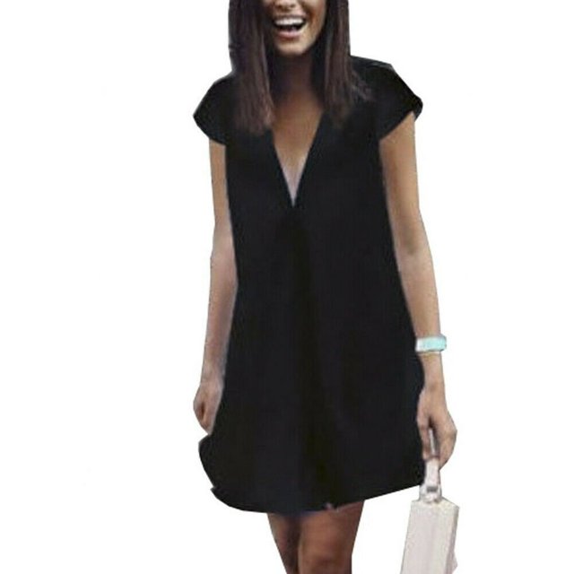 Nouvelle Mode Robe Bohème Décontractée en Chiffon pour Femmes Col en V Manches Courtes Robe Chemise Été Plage Ample Blanche Noire