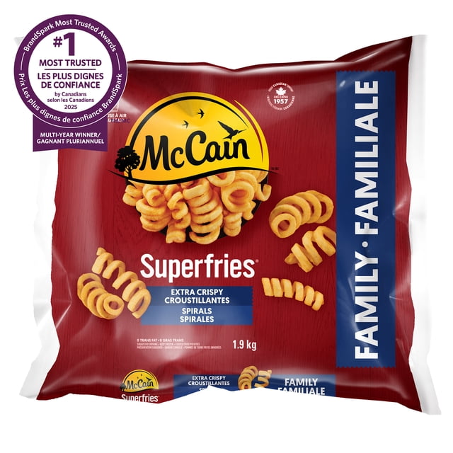 McCain® Superfries® Extra Crispy Spirals family-sized 1.9 kg bag with a red background, yellow McCain logo, and images of trans-fat free curly spiral fries, suitable for oven or air fryer cooking, made by a trusted Canadian brand.