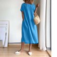 thumbnail image 4 of Birdeem Robe d'Été pour Femme, Mode, Couleur Unie, Col Rond, Manches Courtes, Coton et Lin, 4 of 9
