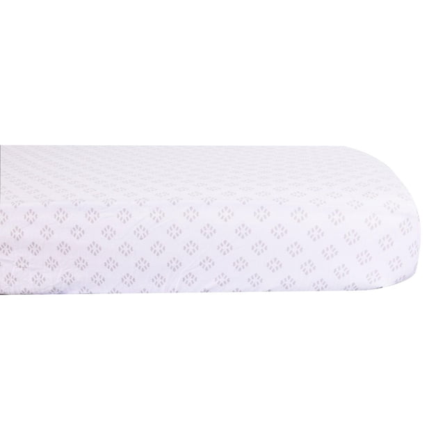 George Baby Fitted Jersey Crib Sheet in grey with a subtle diamond pattern, made of soft 100% cotton. This fitted sheet fits standard crib mattresses and provides cozy comfort for baby bedding.