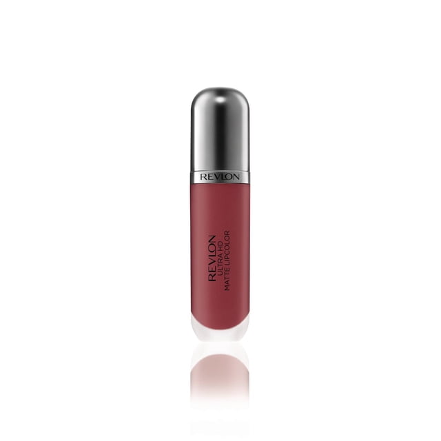 Revlon Ultra HD Rouge à Lèvres Mat en gel rose Foncé Mat, Formulé en tube Cylindrique avec Capuchon Métallique Argenté et Marque Verticale Noire, Montré sur une surface Réfléchissante Blanche, Idéal pour un Maquillage des Lèvres Mat Haute Définition.