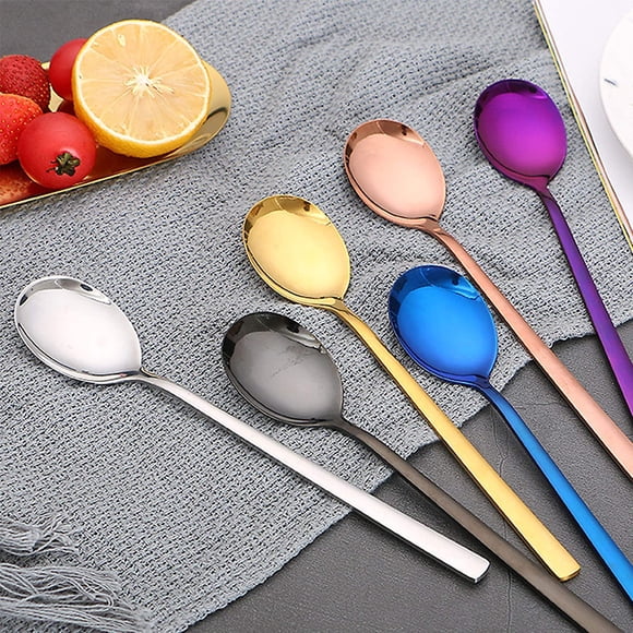 6 PCS Coffee Spoon Ice Cream Spoon, Black Coffee Spoon, Colorful Stainless Steel Teaspoon, Polished Teaspoon Set, Stainless Steel Teaspoon, Rose Gold Long Handle Spoon for Coffee Tea Glasses