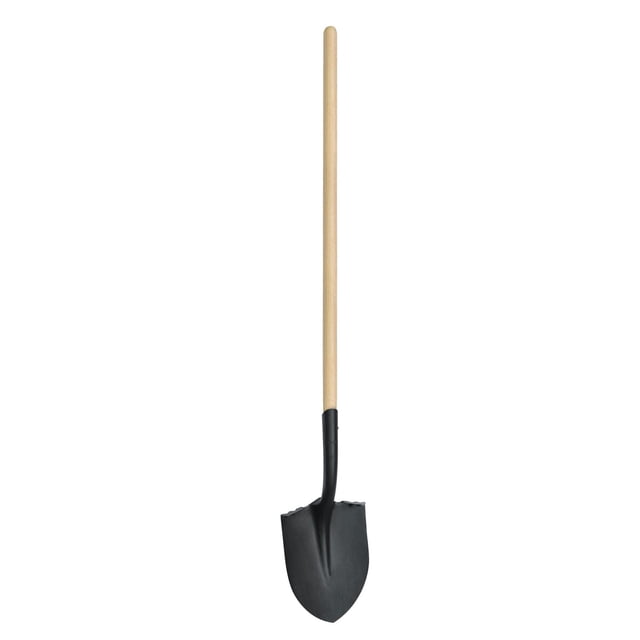 Expert Gardener Long Hardwood Handle Digging Shovel with a durable long hardwood handle and black steel blade featuring reinforced tab socket and forward-turned stepper for stability, suitable for digging holes and breaking compacted soil in garden projects.