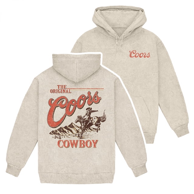 Coors le Chandail à Capuchon à Enfiler Cowboy Original au design Multicolore, Présentant une Grande Taille et une Coupe Neutre. l'Avant Affiche le logo Coors sur la Poitrine, Tandis Que l'Arrière Mettant en Valeur un Graphique Audacieux d'Un Cowboy Chevauchant un Cheval sur Fond de Montagne. Parfait pour une Tenue Décontractée et un style d'Inspiration Occidentale.