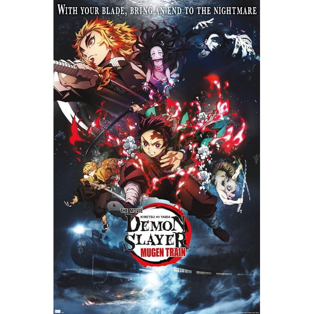 Demon Slayer : Train Mugen - Affiche Murale Collage en une Feuille, 22,375 Po x 34 Po, Représentant des Personnages d'Anime en poses Dynamiques avec des Effets de Flamme Rouge Autour de la Figurine Centrale, un Train à Vapeur Émettant de la Fumée au Bas, et le Texte « avec Votre Lame, Mettez Fin au Cauchemar » en Haut, Idéal pour la Déco Maison à Thème anime.