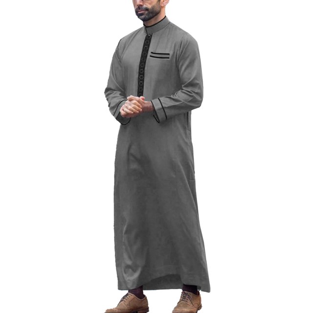 Wdgfv Mens Kaftan Thobe Cotton Long Sleeve Embroidered Stand Collar Arab Loose Men's Robe