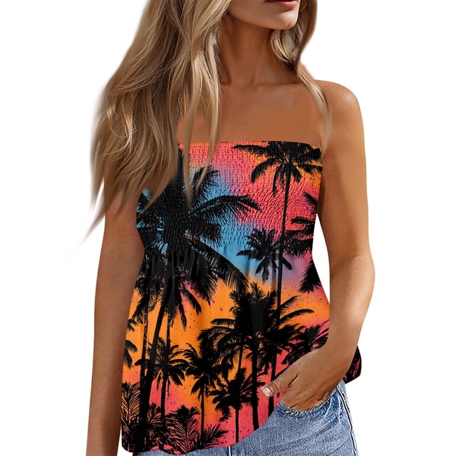 OIOLOYJM Tube Tops for Women Spring Bandeau Strapless Palm Tree Peplum Top Backless Vacation Ruffle Party Shirts Orange S