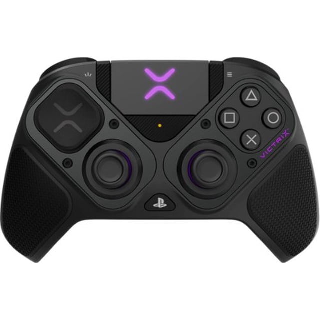 PDP Victrix Pro BFG Wireless Controller in black for PlayStation 5, PlayStation 4, and Windows 10/11 featuring modular reversible left module, dual analog sticks, PlayStation face buttons, textured grips, illuminated purple Victrix logo, and wireless connectivity for versatile gaming.