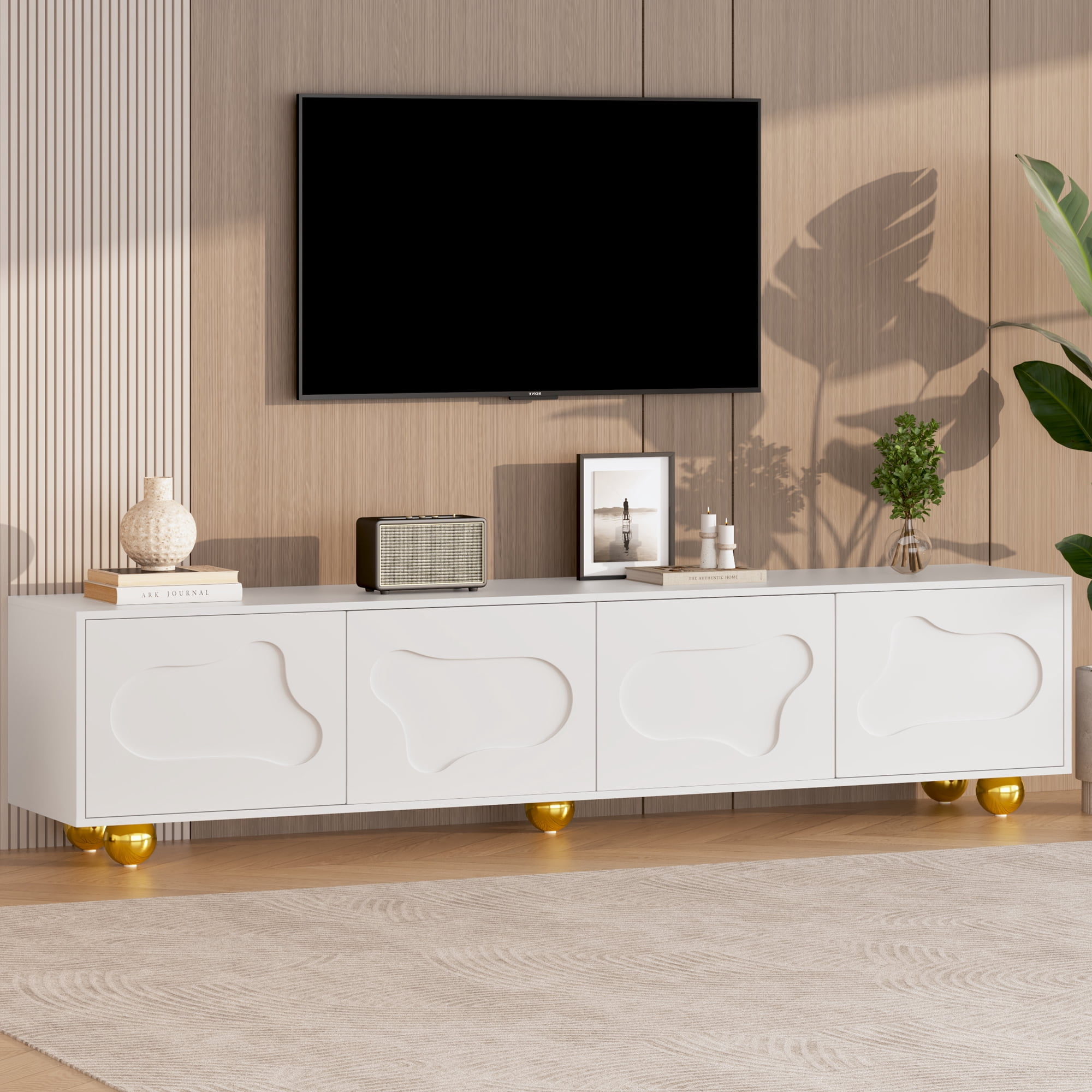 Meuble télé Noble House 64,8 pouces, console multimédia pour téléviseur de 65 pouces, blanc et bois naturel